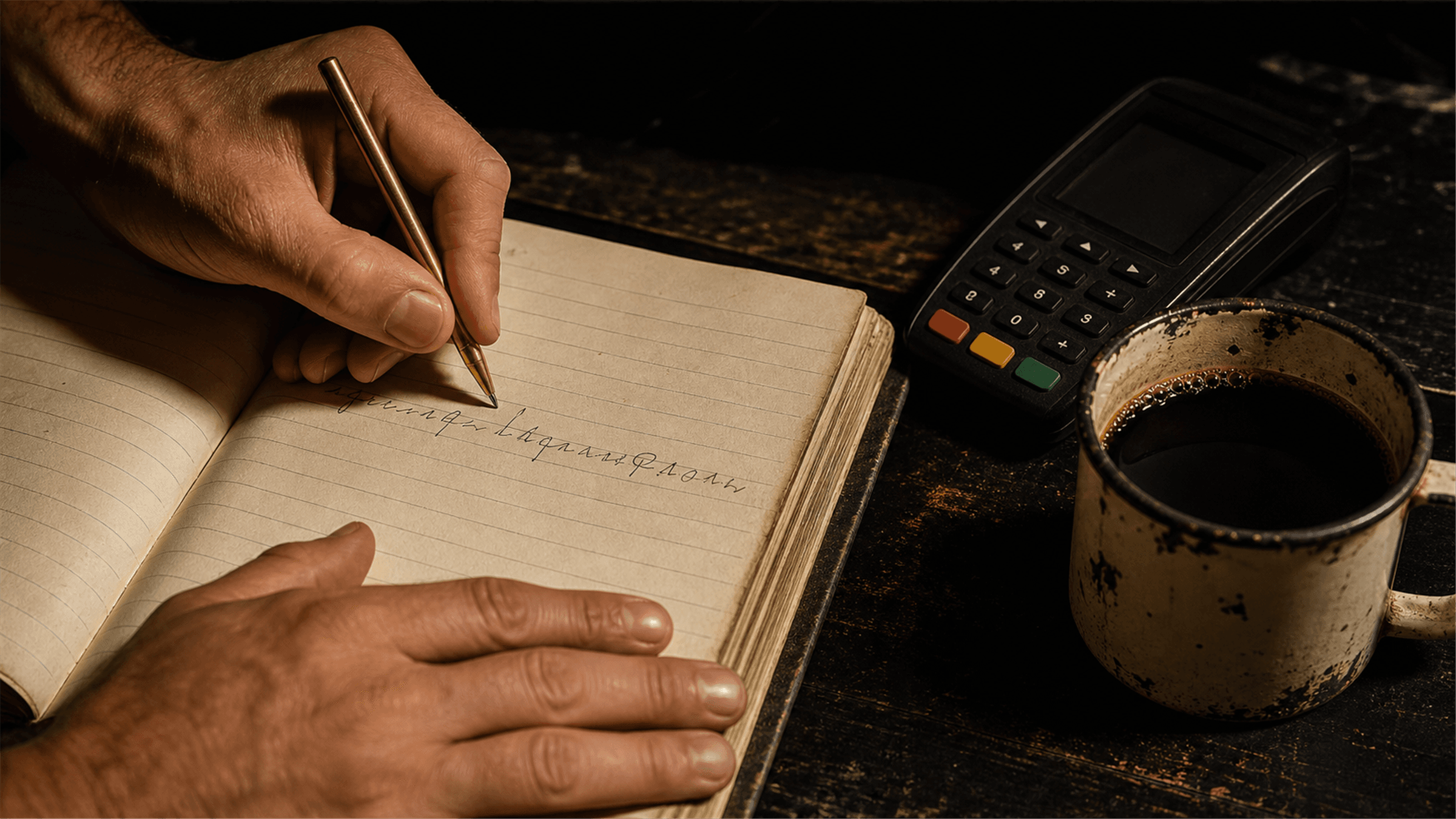 Hands writing a payment into a paper ledger beside a card reader and a mug of coffee