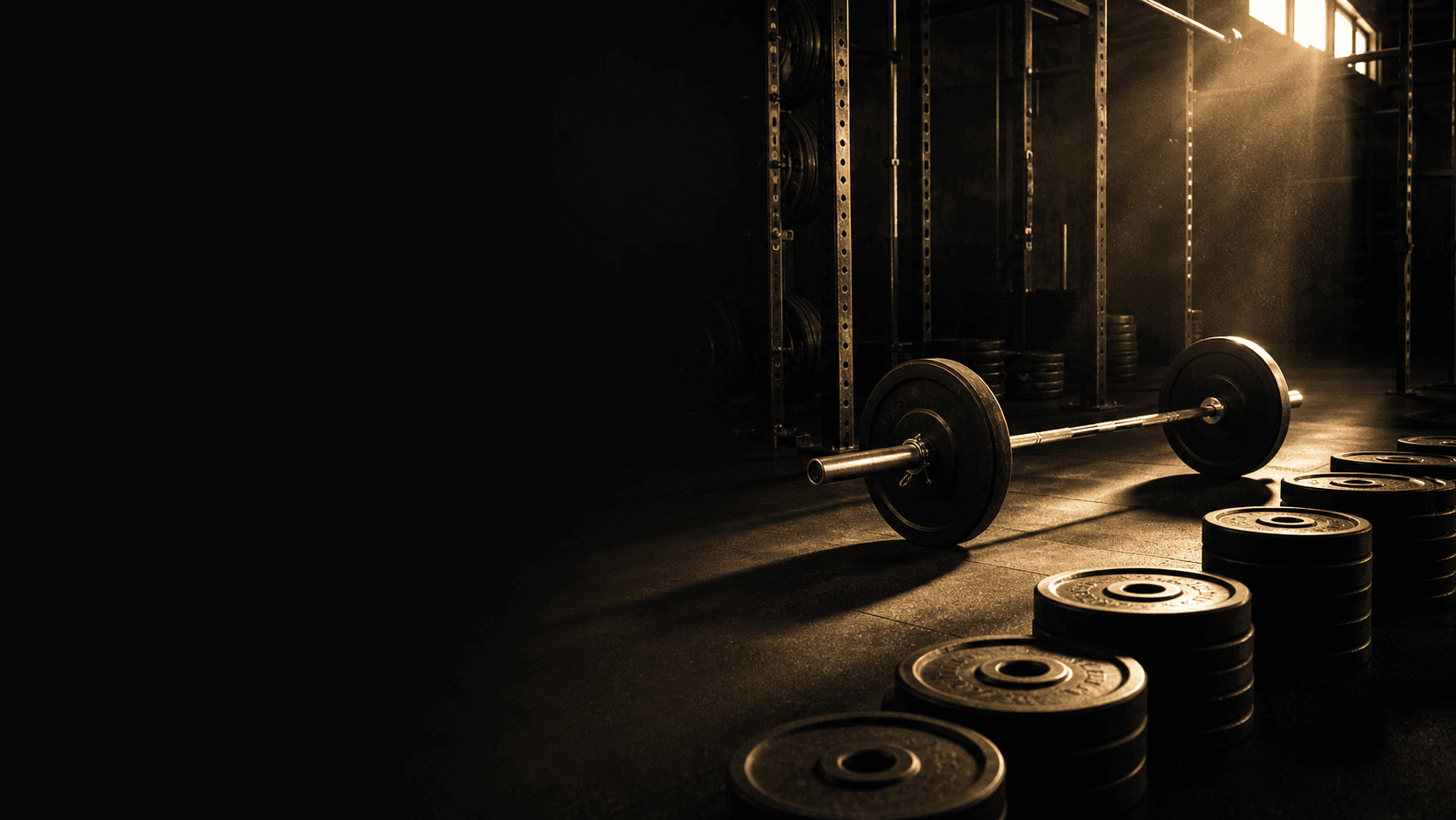 An empty gym floor at first light, weight plates and a loaded barbell lit by one shaft of dawn light
