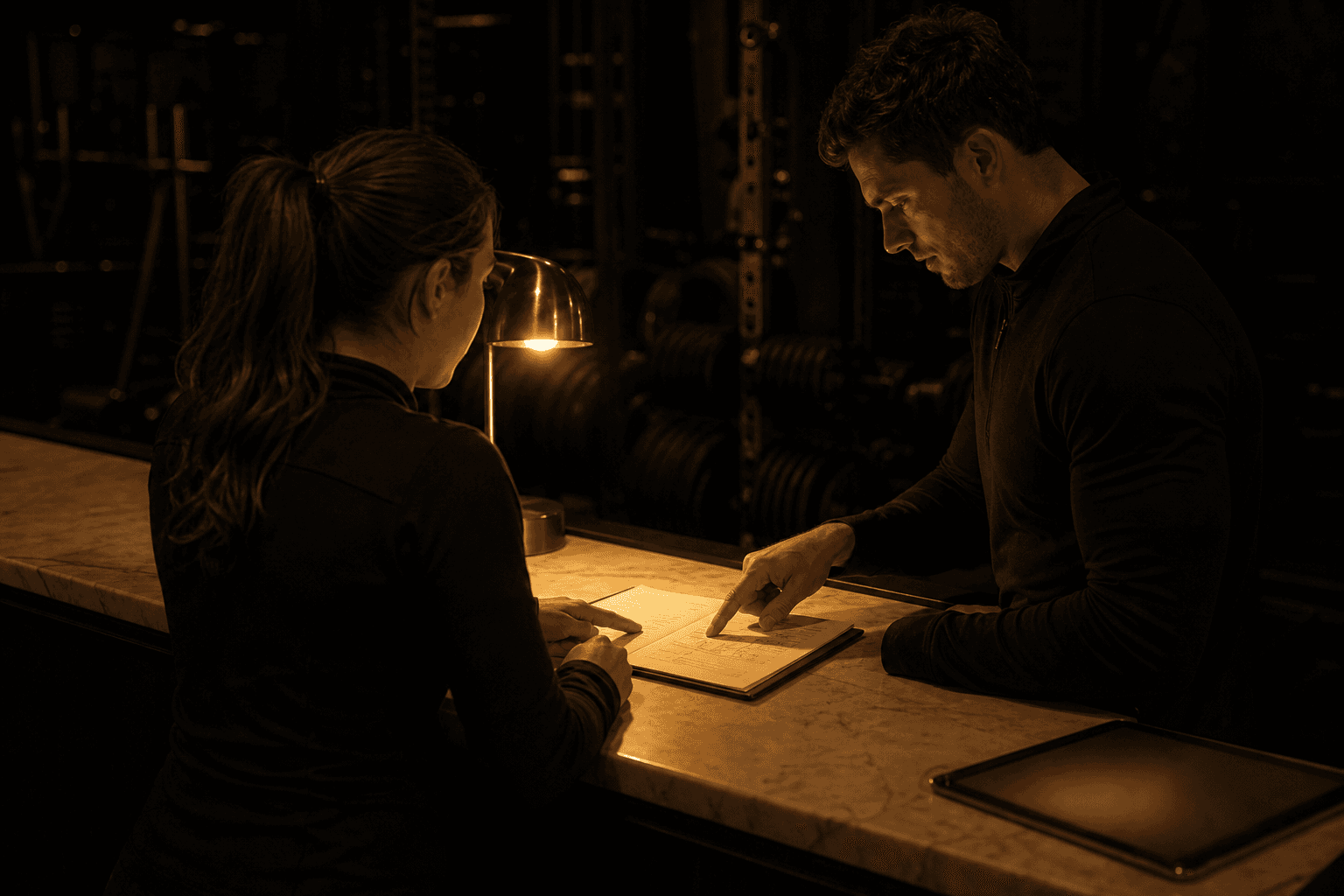 Two people talking over a folder at a gym reception counter, lit by a single warm lamp